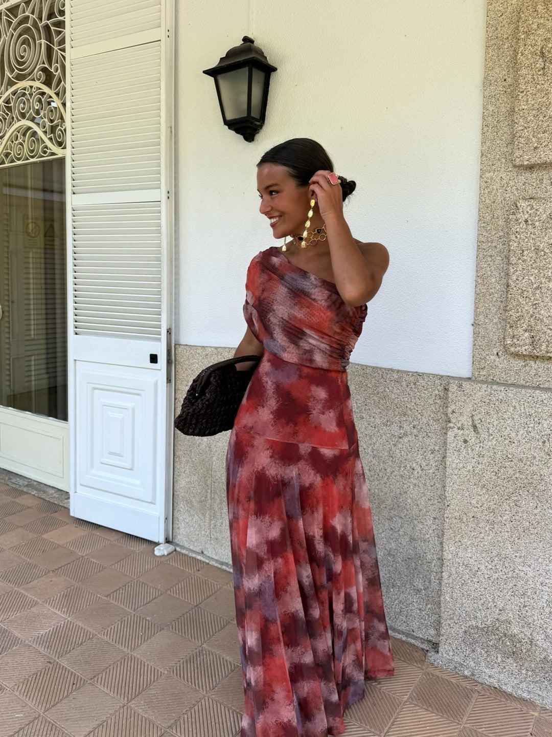 Lucía | Vestido largo de hombros caídos efecto acuarela
