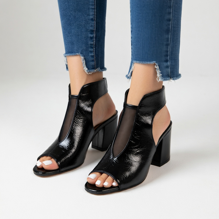 Arabela™ — Sandalia de punta abierta con tacón bloque de 8 cm malla negra elegancia urbana