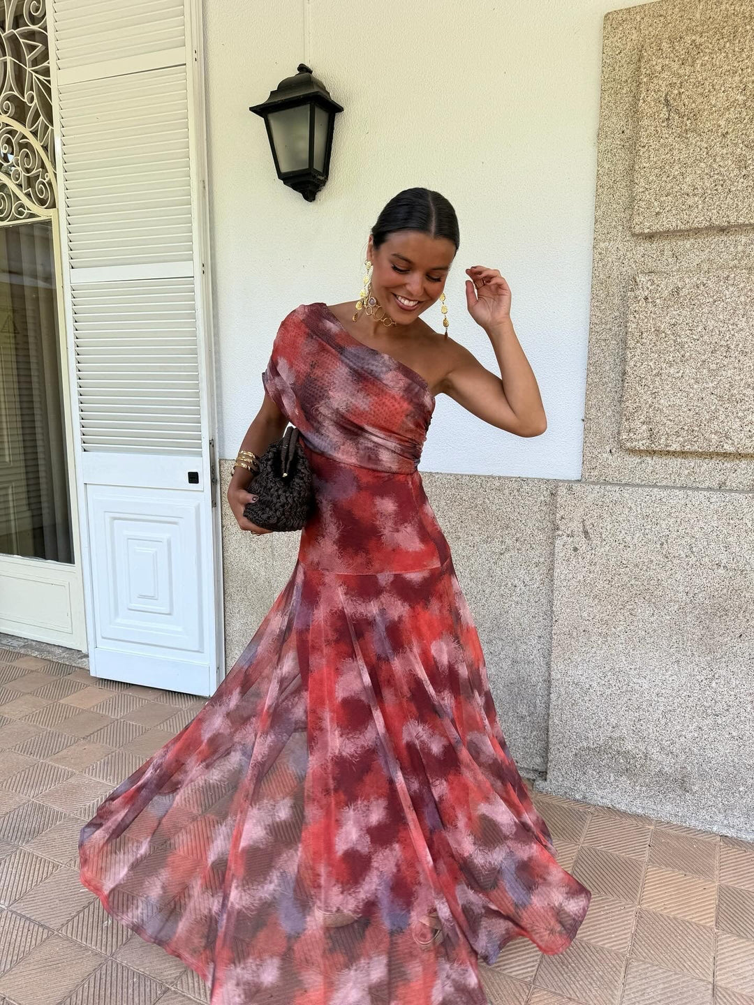 Lucía | Vestido largo de hombros caídos efecto acuarela