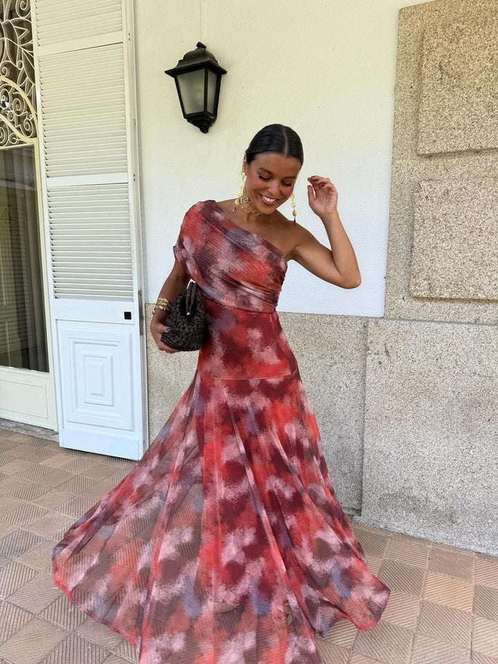 Lucía | Vestido largo de hombros caídos efecto acuarela