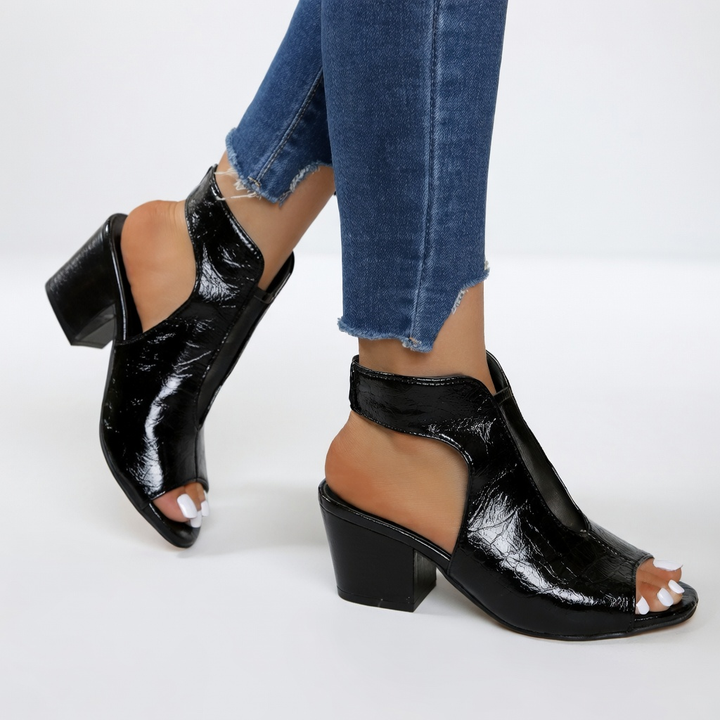 Arabela™ — Sandalia de punta abierta con tacón bloque de 8 cm malla negra elegancia urbana