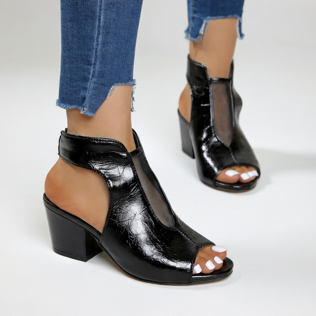 Arabela™ — Sandalia de punta abierta con tacón bloque de 8 cm malla negra elegancia urbana