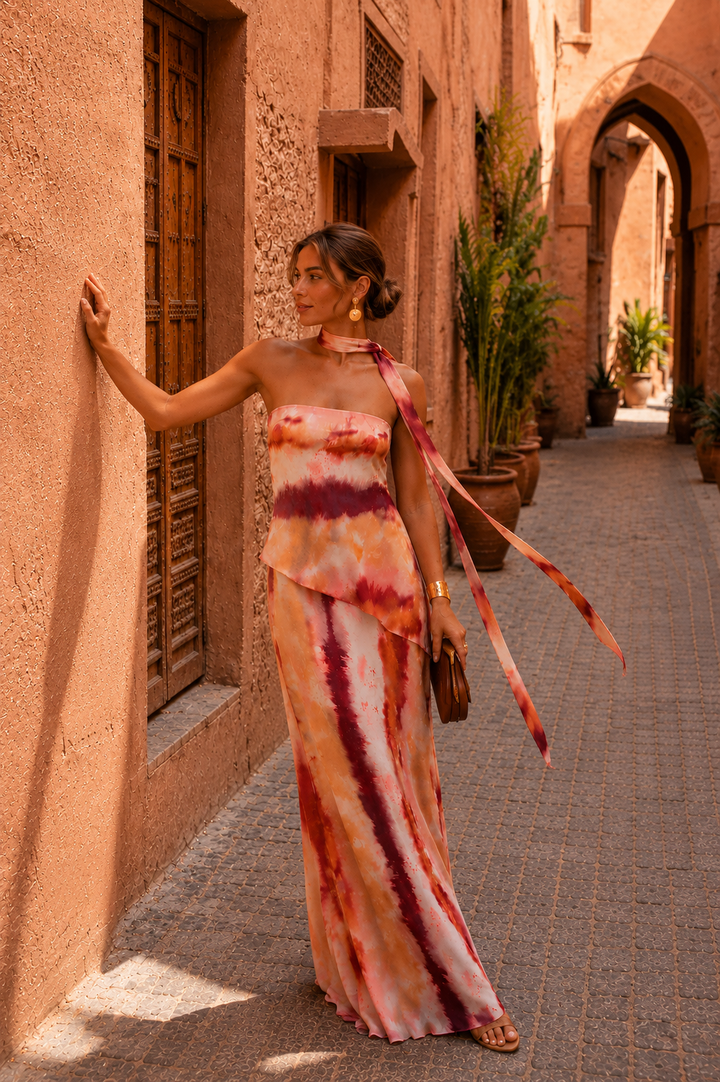 Clara | Vestido largo estampado con escote palabra de honor