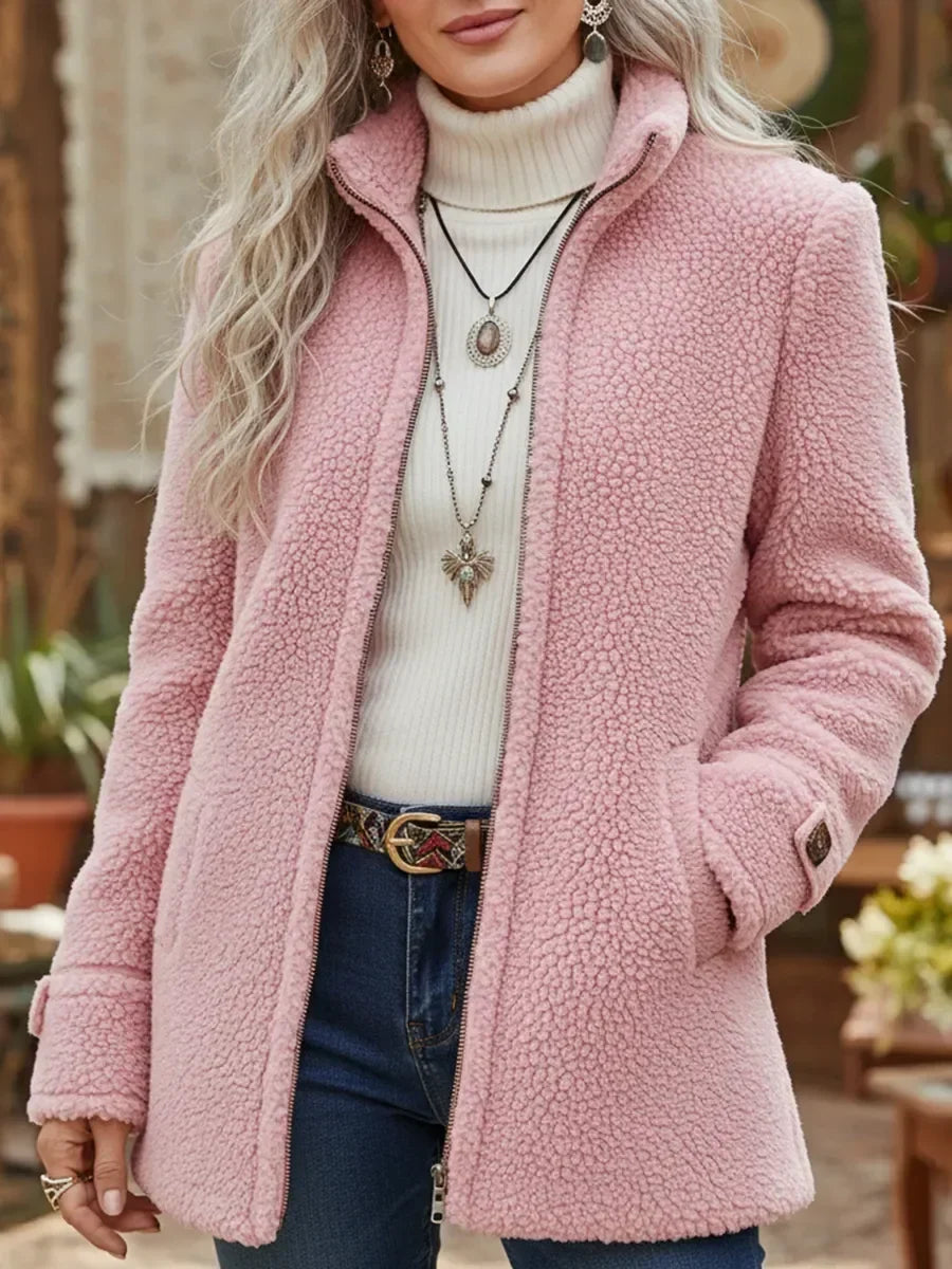 Carissa - Chaqueta de Cuello Alto con Cierre Completo de Sensación de Lana de Cordero