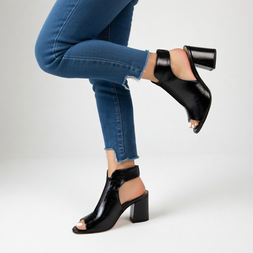 Arabela™ — Sandalia de punta abierta con tacón bloque de 8 cm malla negra elegancia urbana