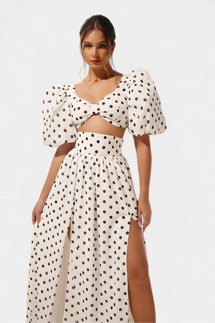 Sherine Conjunto de Falda y Top de Lunares con Mangas Abullonadas