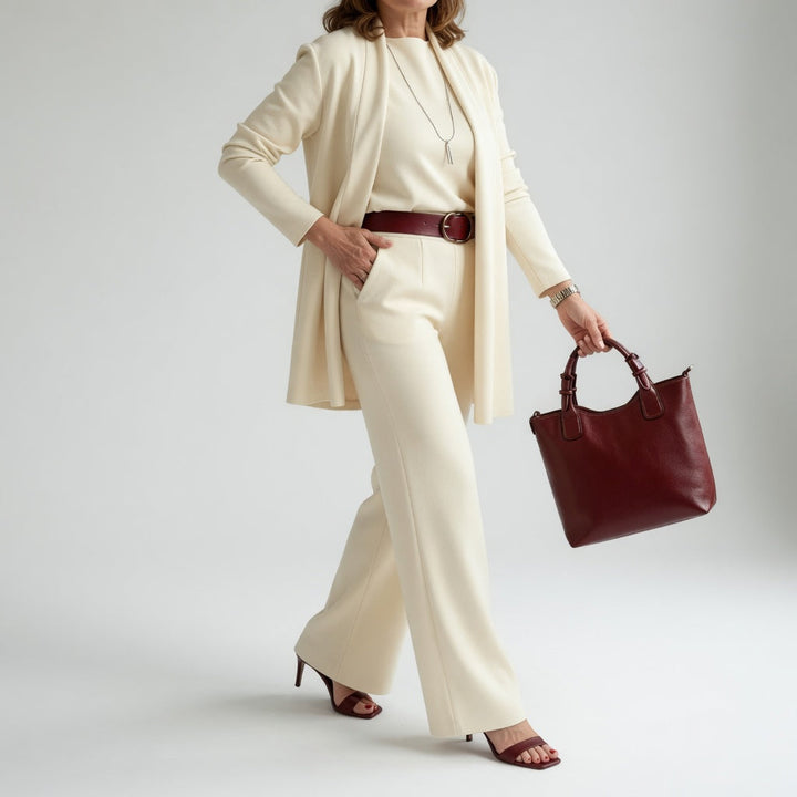 Élégantine™ — Conjunto de tres piezas: cárdigan y pantalón elegante