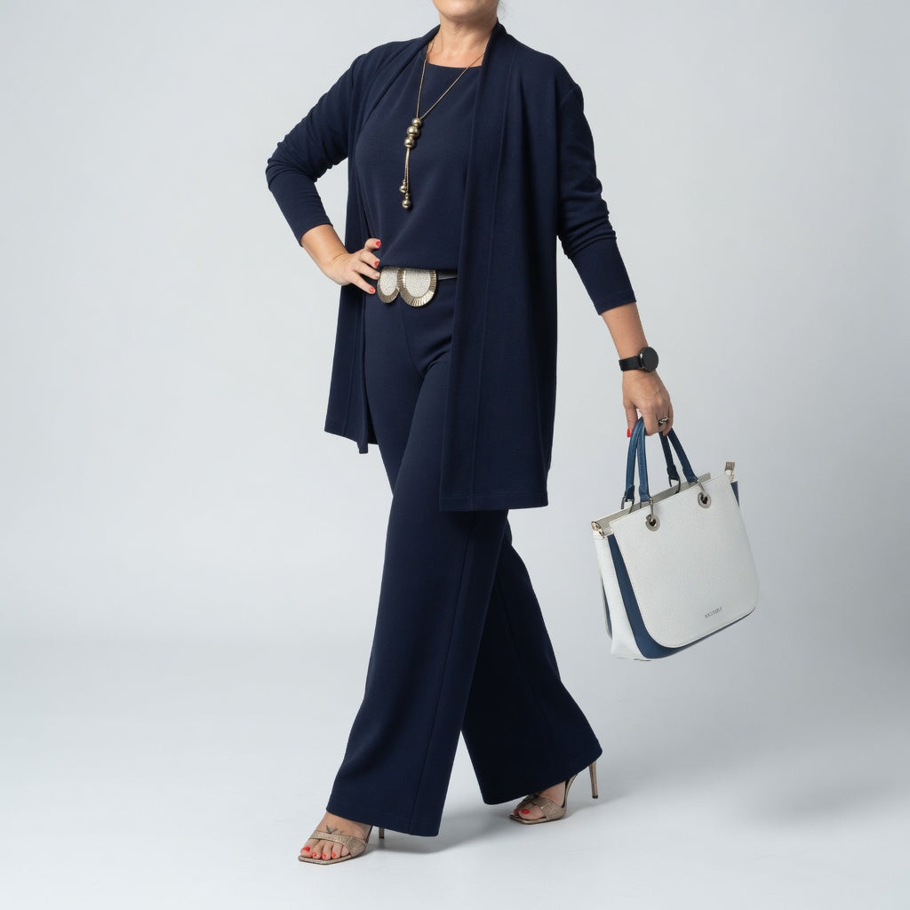 Élégantine™ — Conjunto de tres piezas: cárdigan y pantalón elegante