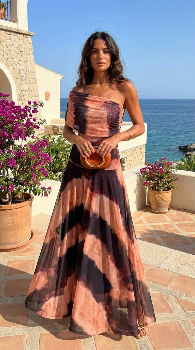 Carmen | Vestido estampado en tonos naranja y marrón