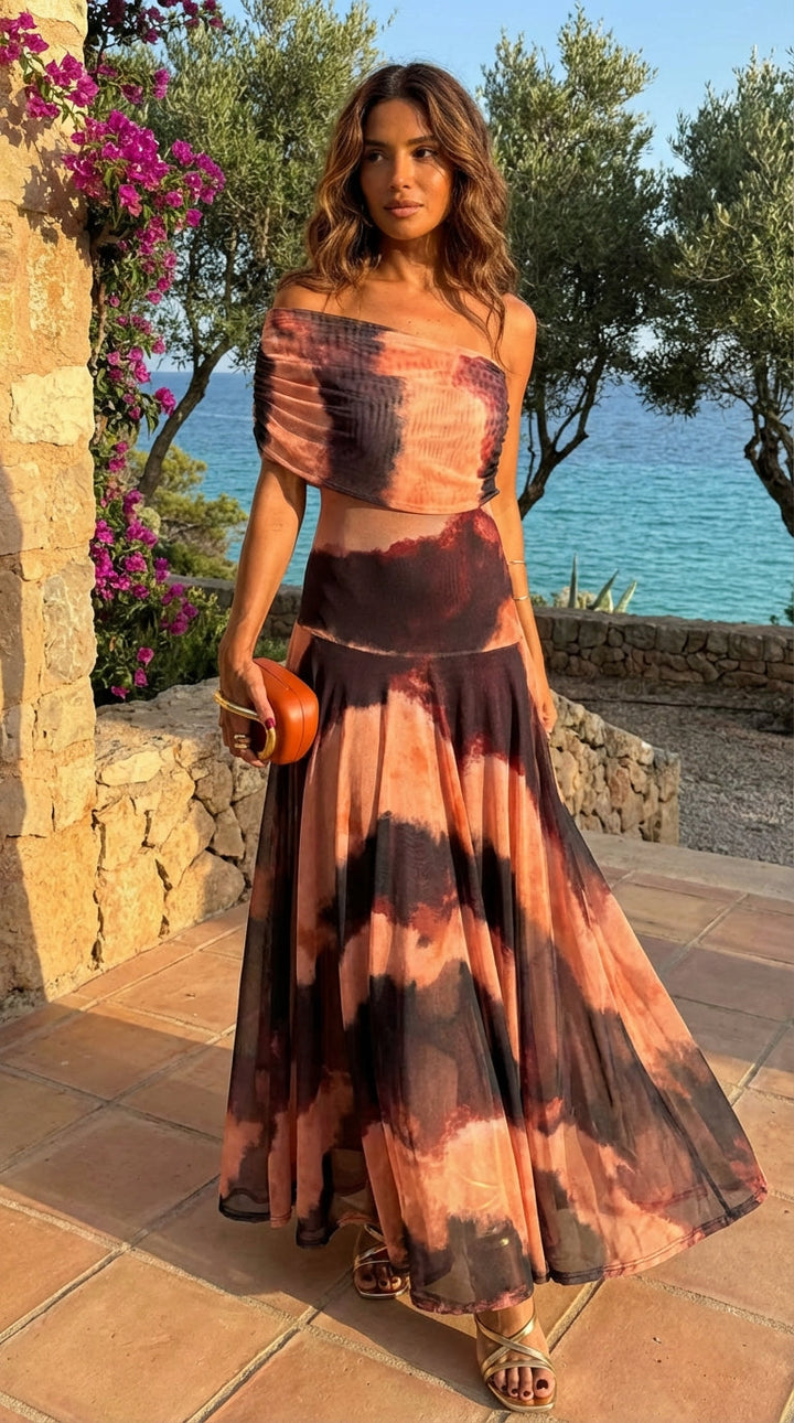 Carmen | Vestido estampado en tonos naranja y marrón