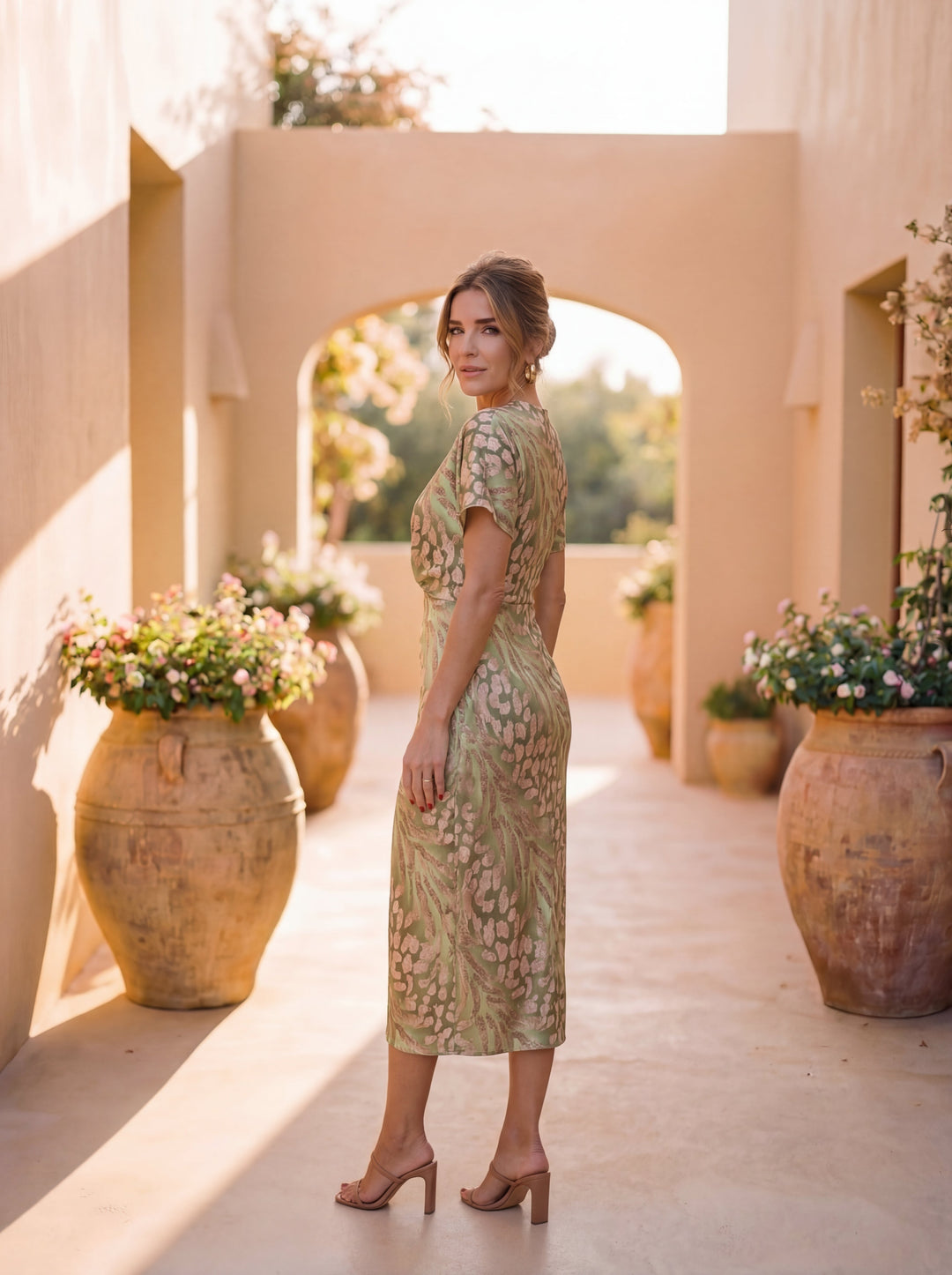 Jimena | Vestido Midi Efecto Moldeador con Nudo Central y Caída Fluida