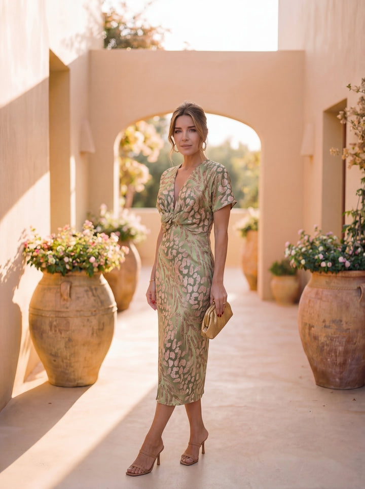 Jimena | Vestido Midi Efecto Moldeador con Nudo Central y Caída Fluida
