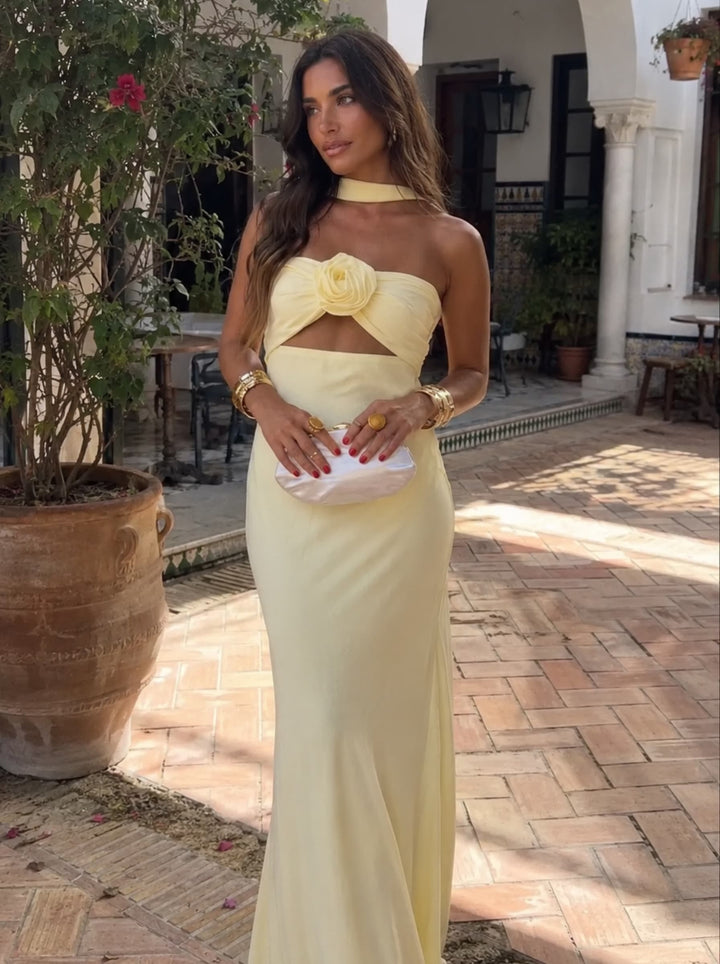 Victoria | Vestido Largo con Espalda Descubierta y Detalle Rosa