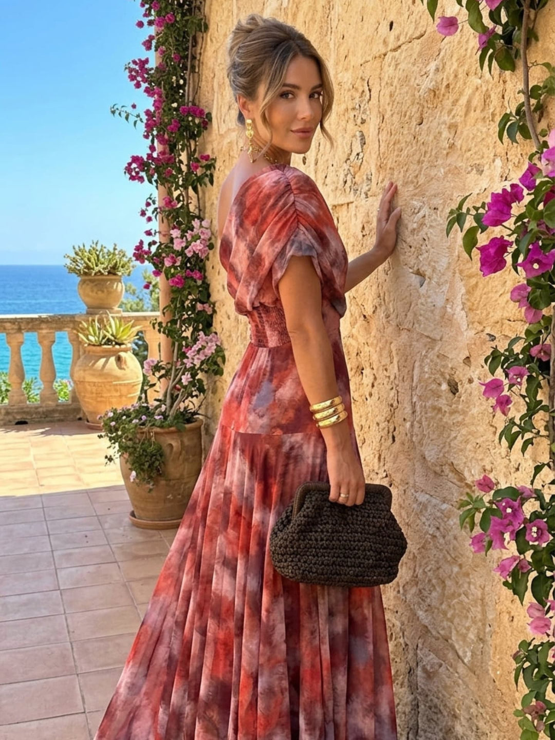 Lucía | Vestido largo de hombros caídos efecto acuarela