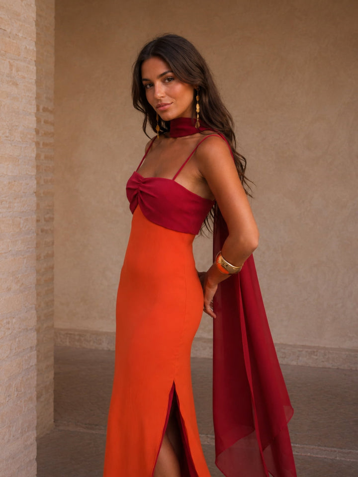 Sara | Vestido largo drapeado bicolor