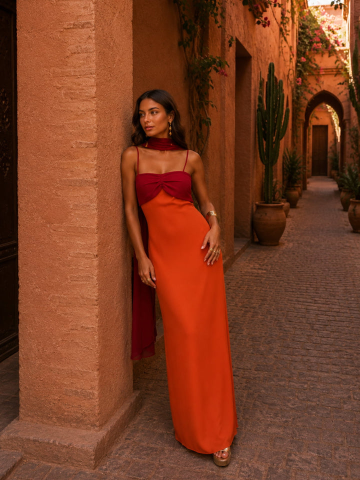 Sara | Vestido largo drapeado bicolor