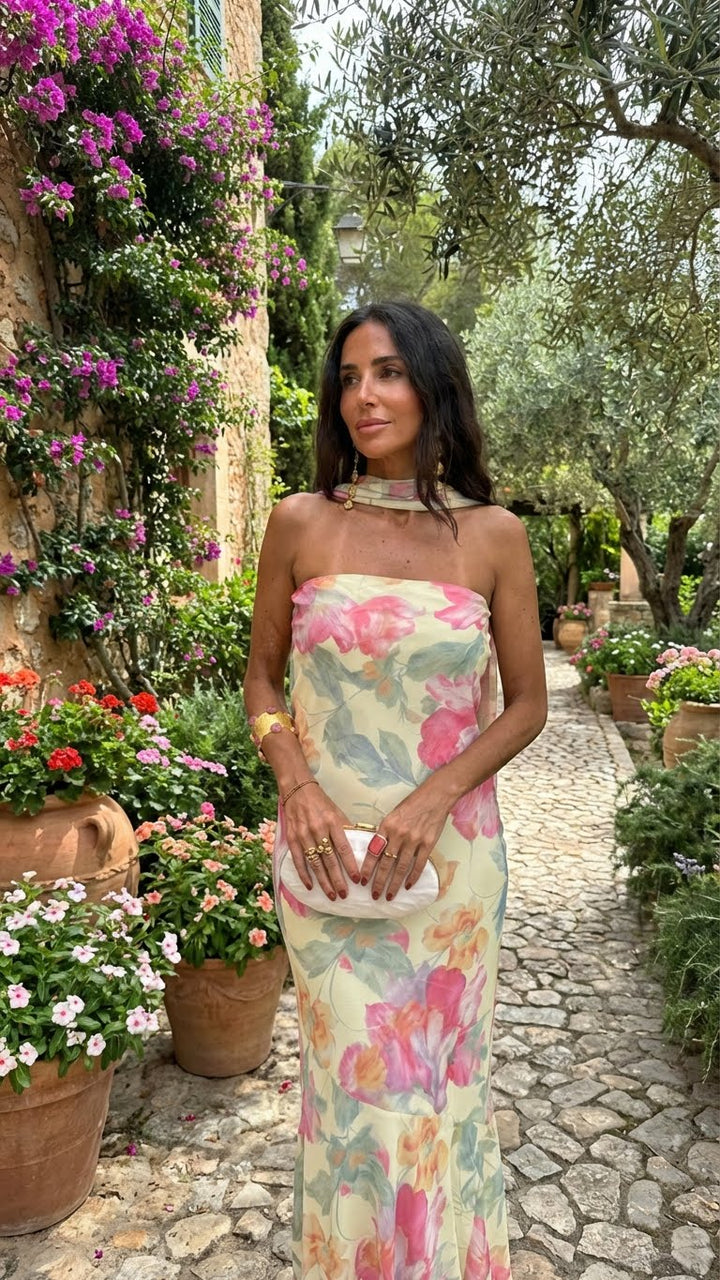 Laura | Vestido largo sin mangas con flores acuareladas