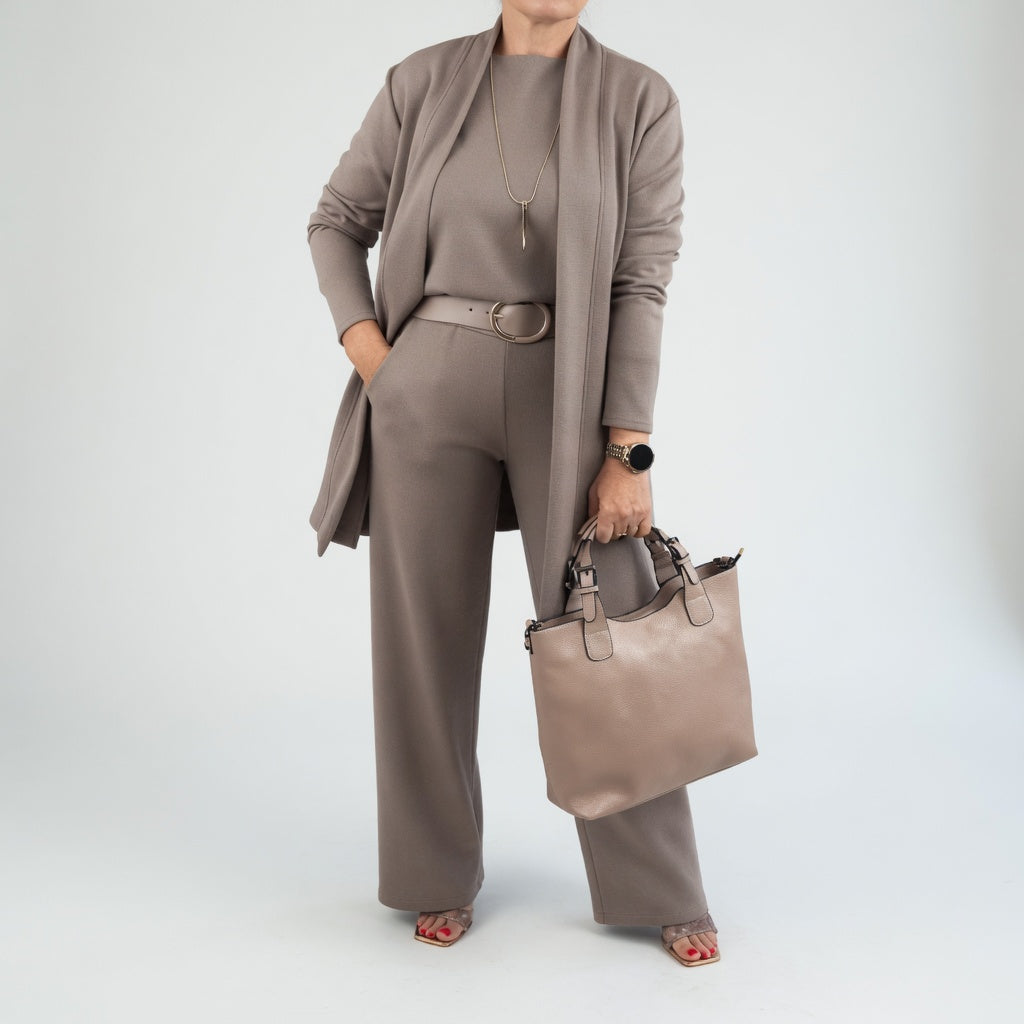 Élégantine™ — Conjunto de tres piezas: cárdigan y pantalón elegante