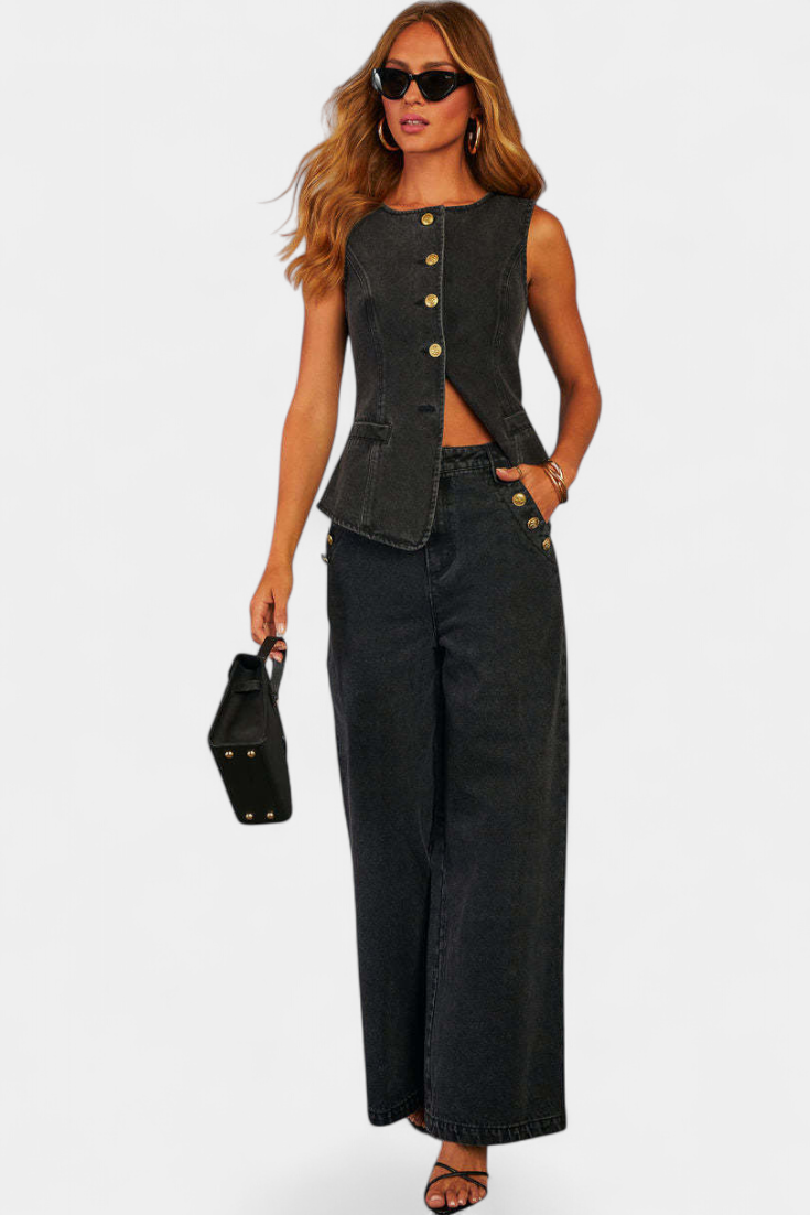 Ludovica Conjunto de Denim con Chaleco Ajustado y Jeans de Pierna Ancha