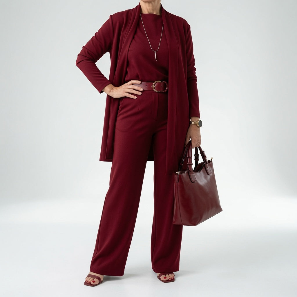 Élégantine™ — Conjunto de tres piezas: cárdigan y pantalón elegante