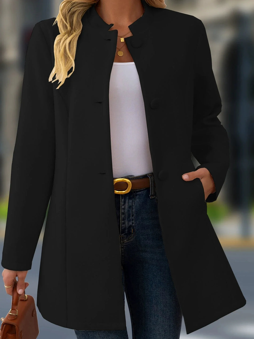 Vivienne | Abrigo Largo con Cuello Alto Efecto Tweed