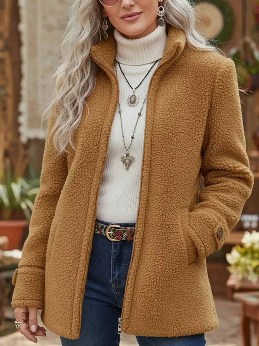 Carissa - Chaqueta de Cuello Alto con Cierre Completo de Sensación de Lana de Cordero