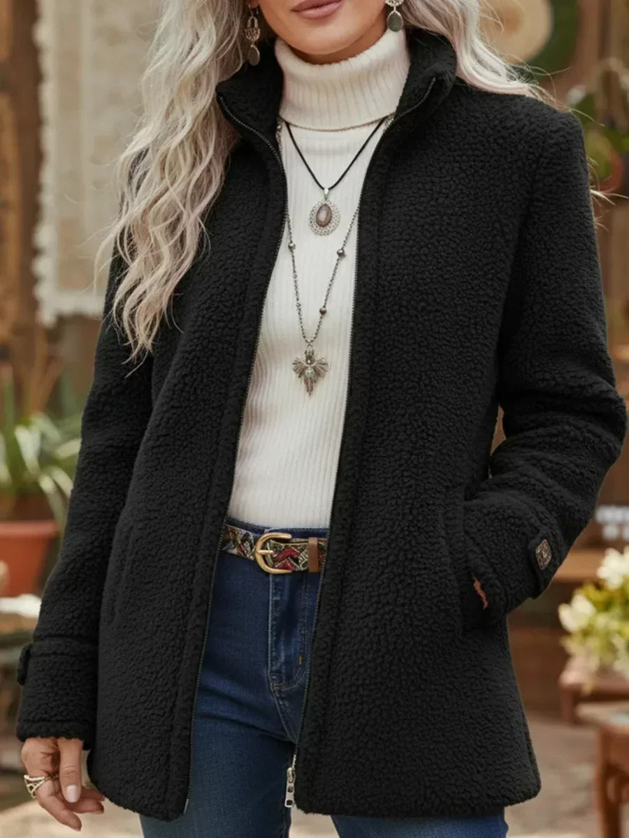 Carissa - Chaqueta de Cuello Alto con Cierre Completo de Sensación de Lana de Cordero