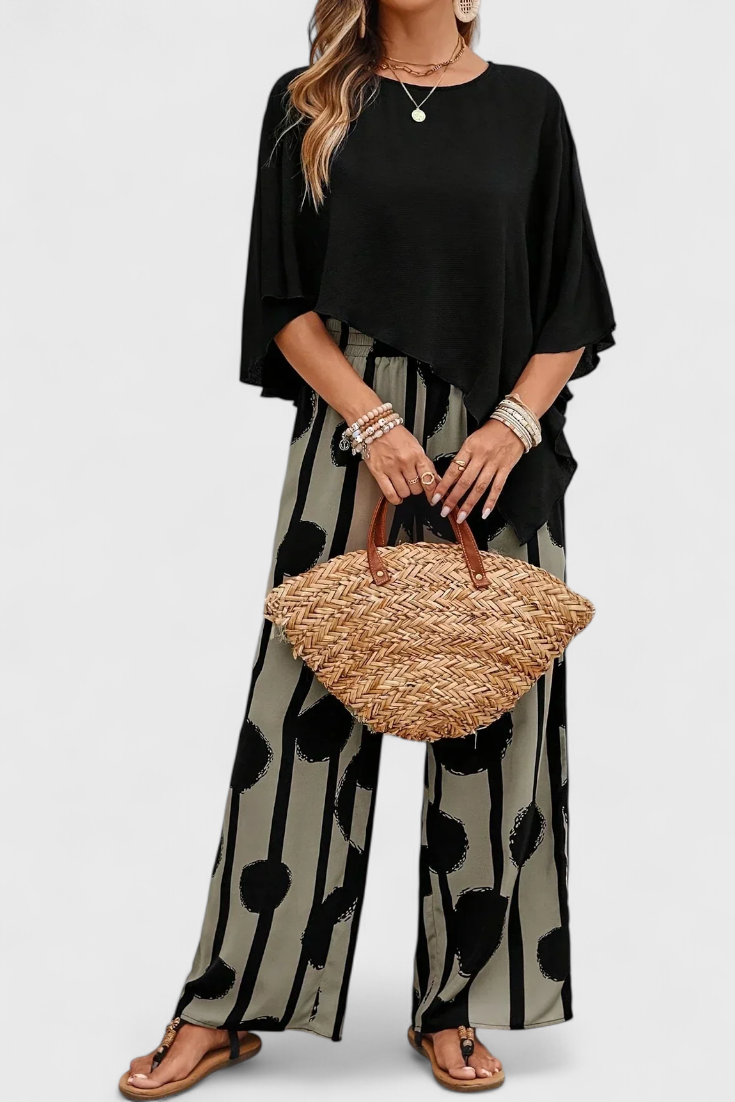 Aleida Conjunto Asimétrico con Top y Pantalón Estampado