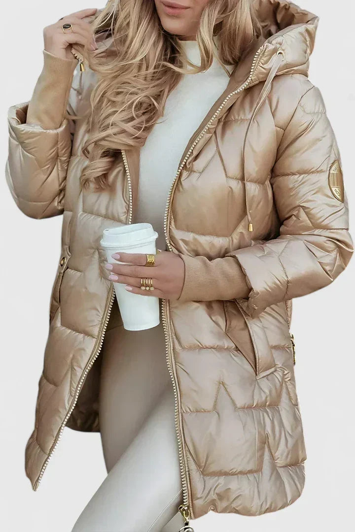 Lisandra | Abrigo Acolchado Largo con Capucha y Cremallera Frontal para Mujer