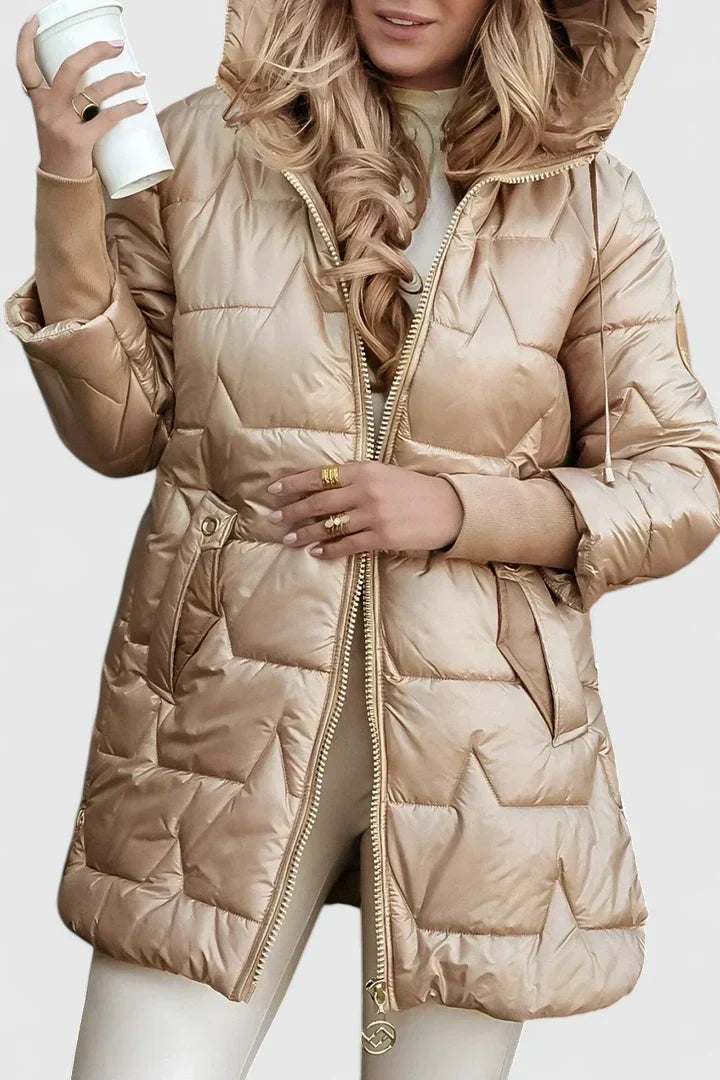 Lisandra | Abrigo Acolchado Largo con Capucha y Cremallera Frontal para Mujer