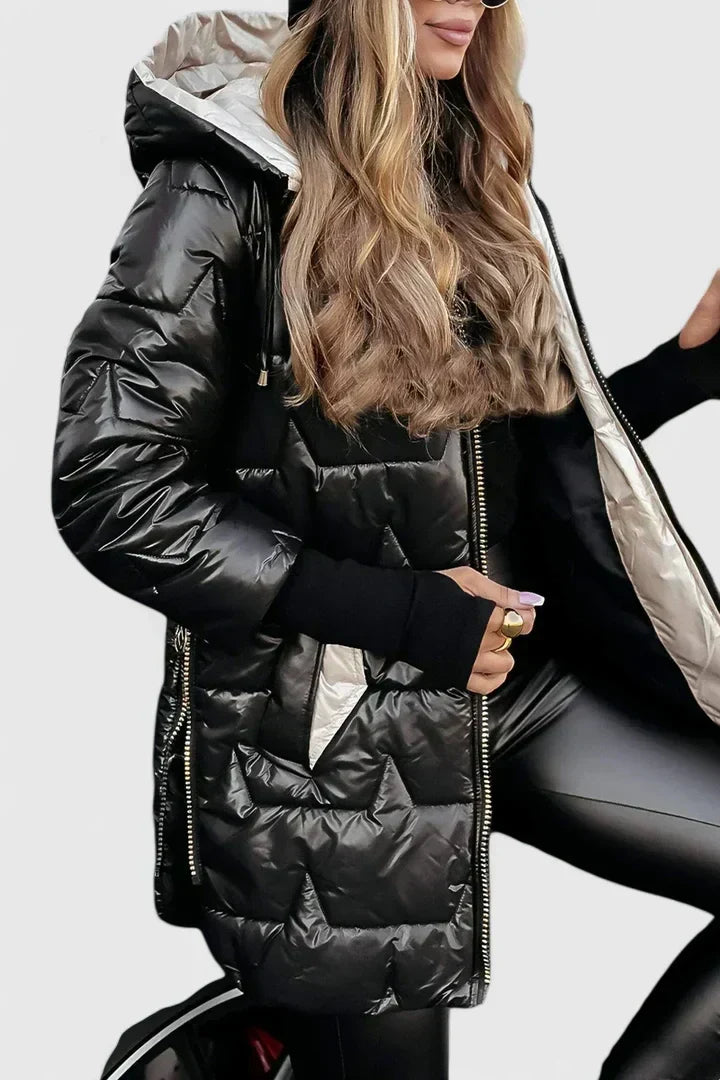 Lisandra | Abrigo Acolchado Largo con Capucha y Cremallera Frontal para Mujer