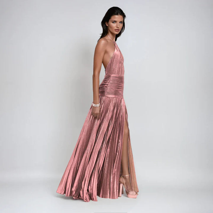 Emma | Vestido Halter Abierto en la Espalda Metálico