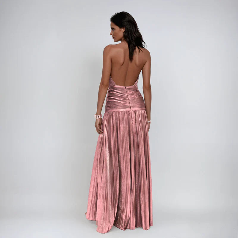 Emma | Vestido Halter Abierto por la Espalda Metálico